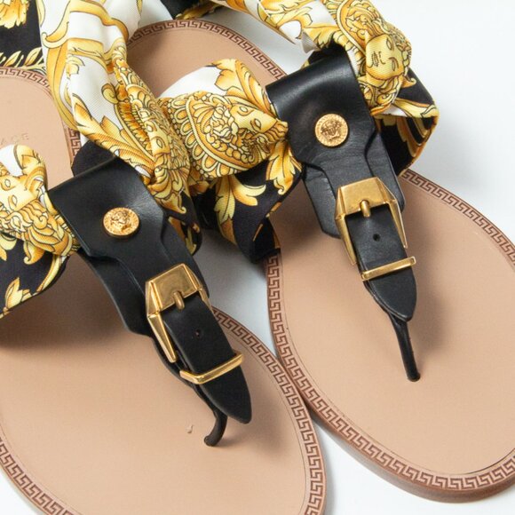 NIB Versace Medusa Ankle Wrap Silk Sash Barocco Sandals Flats Black & Gold, 37 - Picture 2 of 16